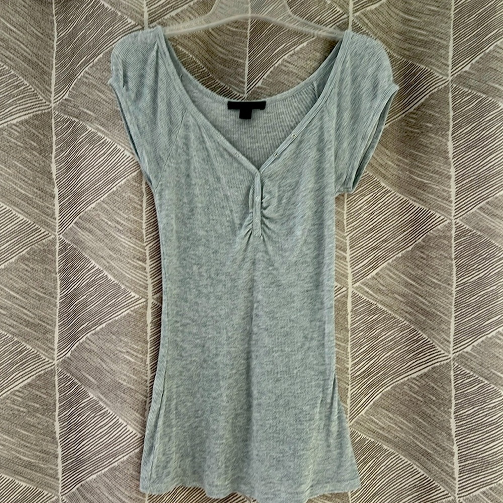Cap sleeve Henley style low cut long silver tunic